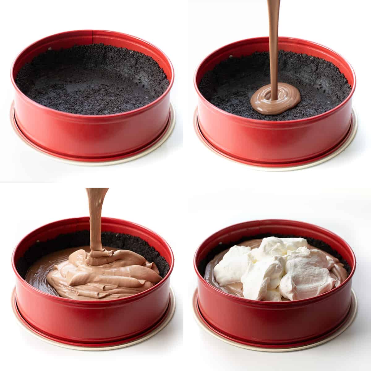 步骤做一个三重巧克力慕斯蛋糕模里锅里奥利奥地壳。
