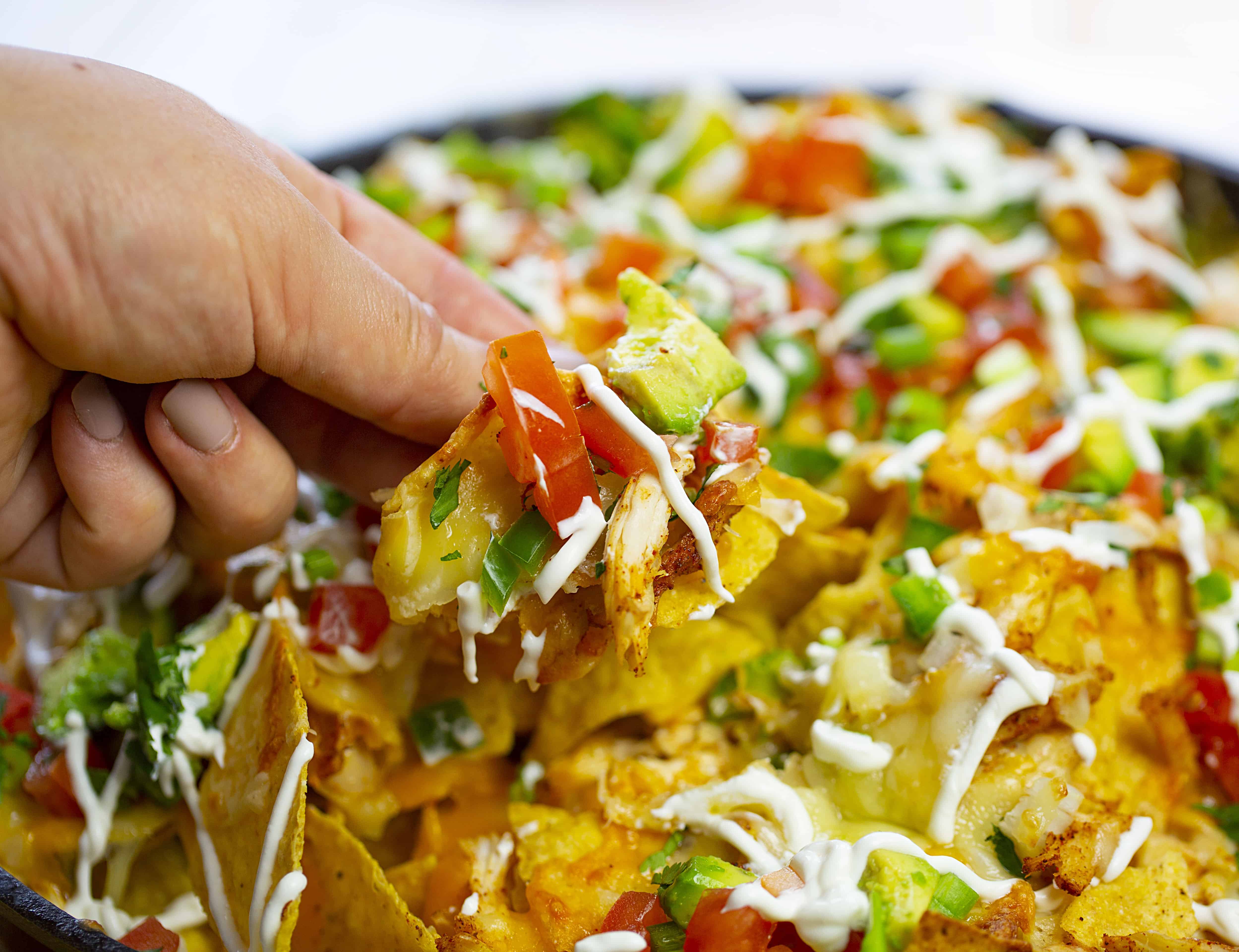 Skillet Chicken Nachos are the BEST way to enjoy nachos at home! Better than any restaurant! #nachos #chickennachos #howtomakenachos #skilletnoachos #easychickennachos #iambaker Skillet Chicken Nachos Recipe
