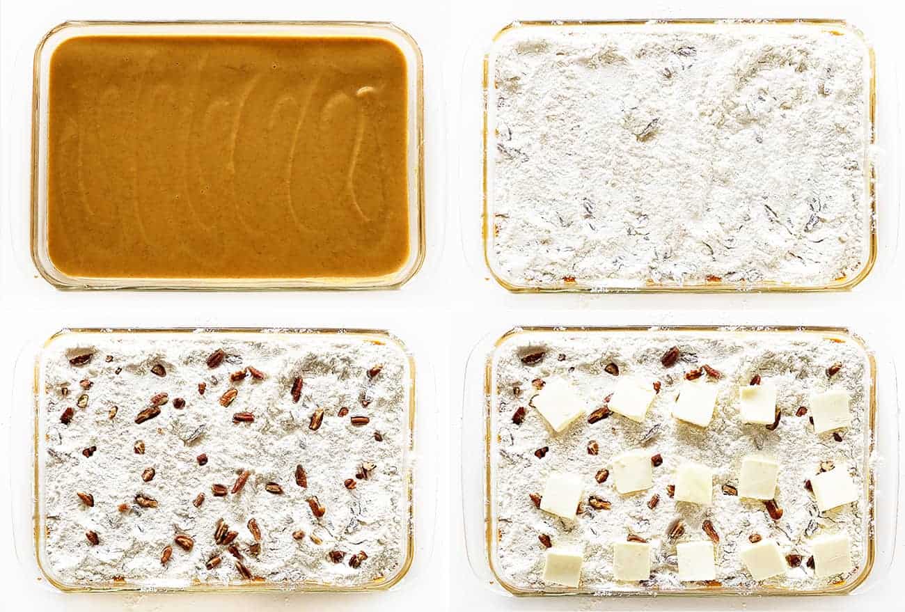 Layered with pumpkin, cake mix, and pecans, this Pumpkin Pecan Dump Cake gets added sweetness from a homemade caramel topping! pumpkinpecandumpcake, dumpcakes, falltreats, desserts, iambaker, baking, homemadecaramelsauce, thanksgivingmenu 层的南瓜山核桃转储蛋糕