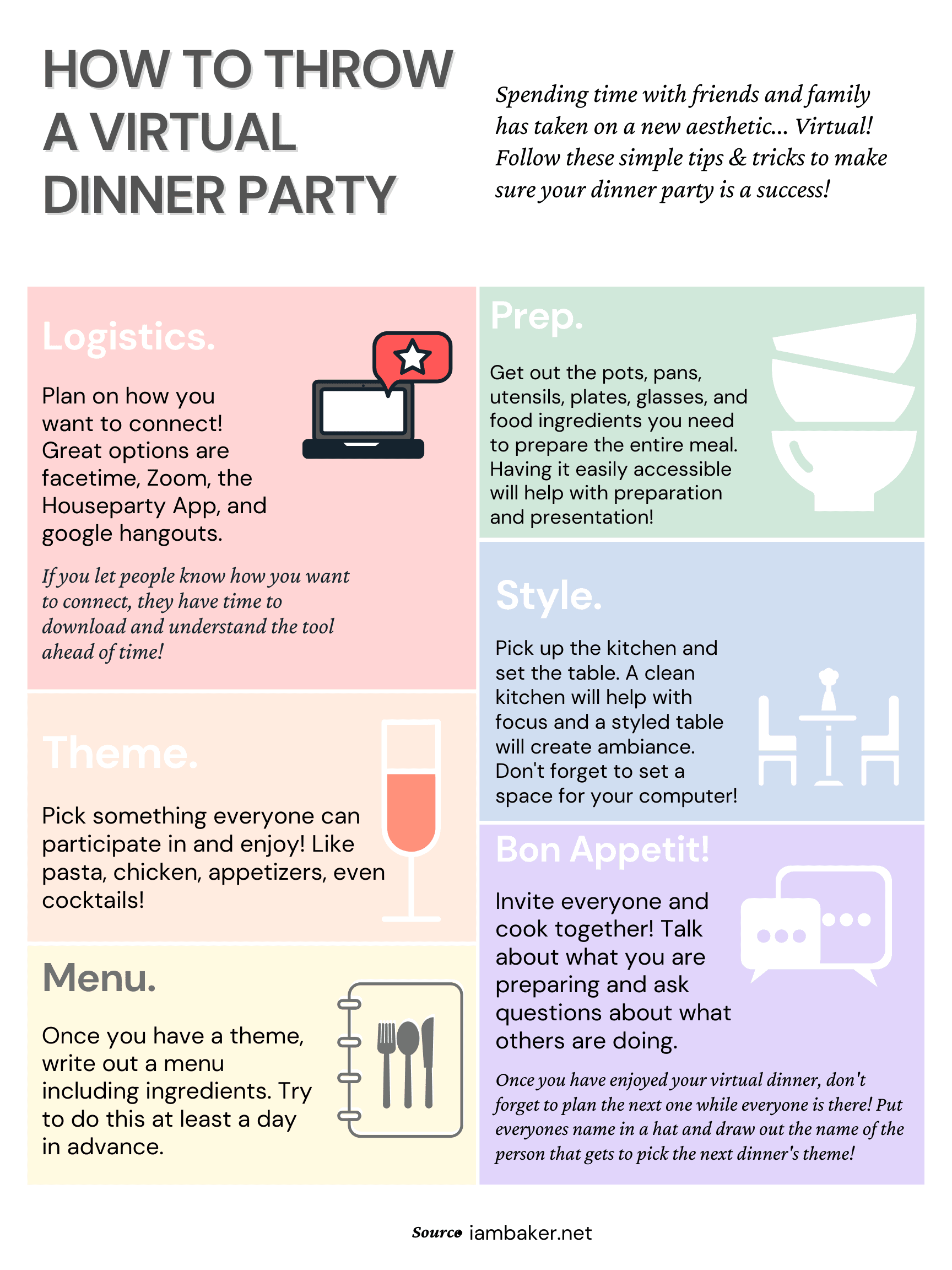 Easy tips and tricks on how you can organize a perfect virtual dinner party! Dinner Party, Virtual Dinner Party, How to Throw a Virtual Dinner Party, Tips for Zoom Party, Tips for Facetime Dinner Party, Cooking with Friends Online, Virtual Party Menu, Virtual Dinner Party Planning, Virtual Party Planning, i am baker, iambaker 如何举办虚拟晚宴