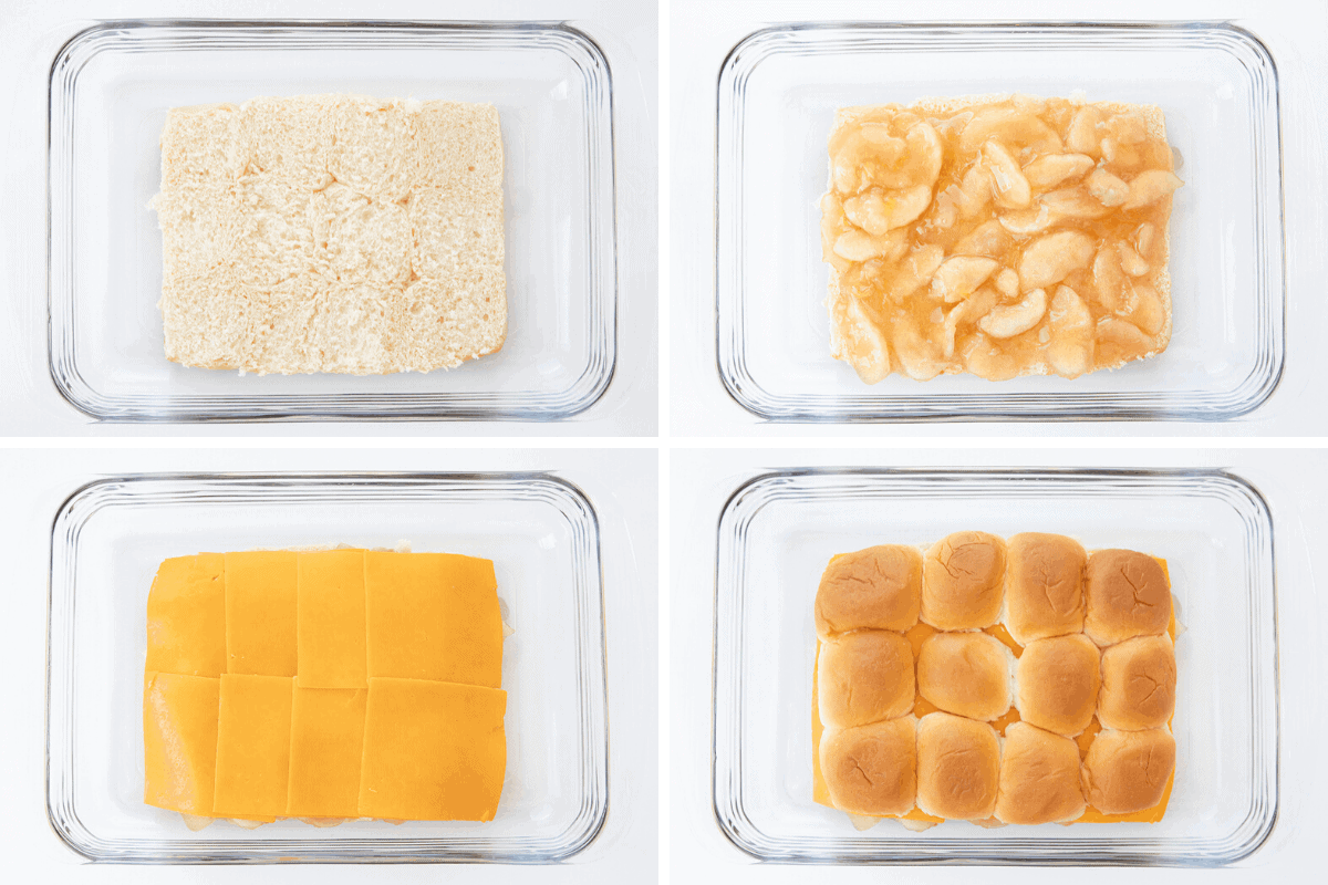 苹果切达干酪滑块的过程镜头，添加了多层浇头