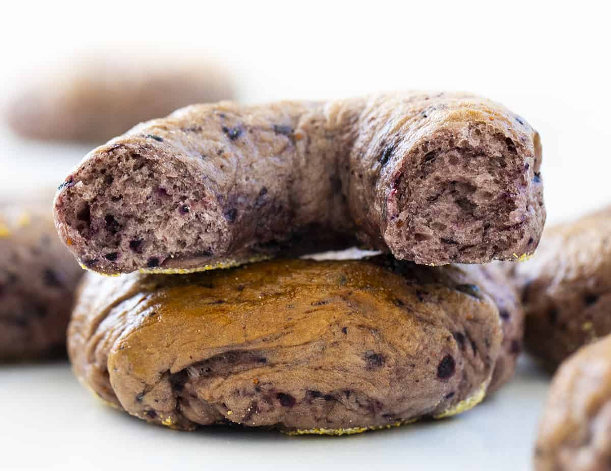 This recipe actually TASTES like a blueberry bagel in the best possible way. It is perfected and delicious! Bagels, Homemade Bagels, Blueberry Bagels, How to Make Homemade Bagels, The Best Blueberry Bagels, baking, recipes, i am baker, iambaker, blueberry, breakfast 蓝莓面包圈撕一半的百吉饼