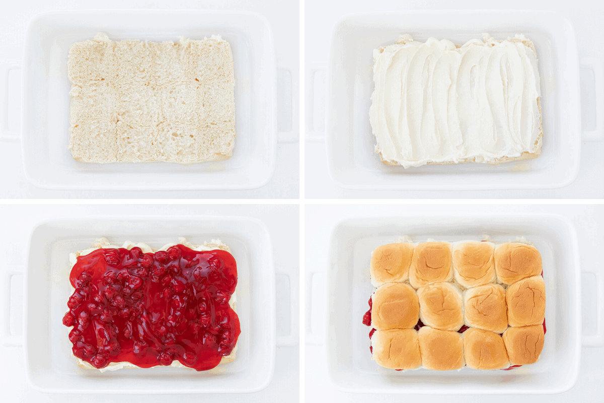 樱桃芝士蛋糕滑块的制作过程-在平底锅中放入夏威夷面包，然后是一层奶油奶酪，然后是一层樱桃派馅，然后是顶部的面包