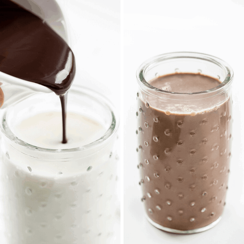 把自制巧克力酱倒进牛奶，制作巧克力牛奶