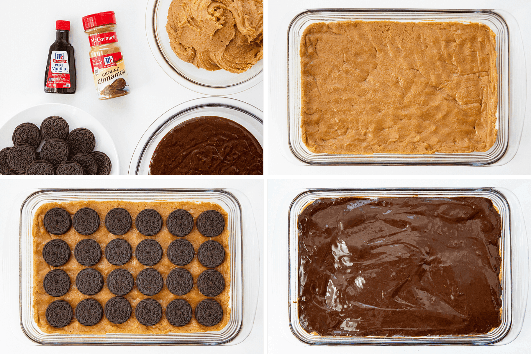 过程的原材料花生酱放荡的布朗尼,花生酱饼干层,奥利奥层,和巧克力蛋糕面糊层
