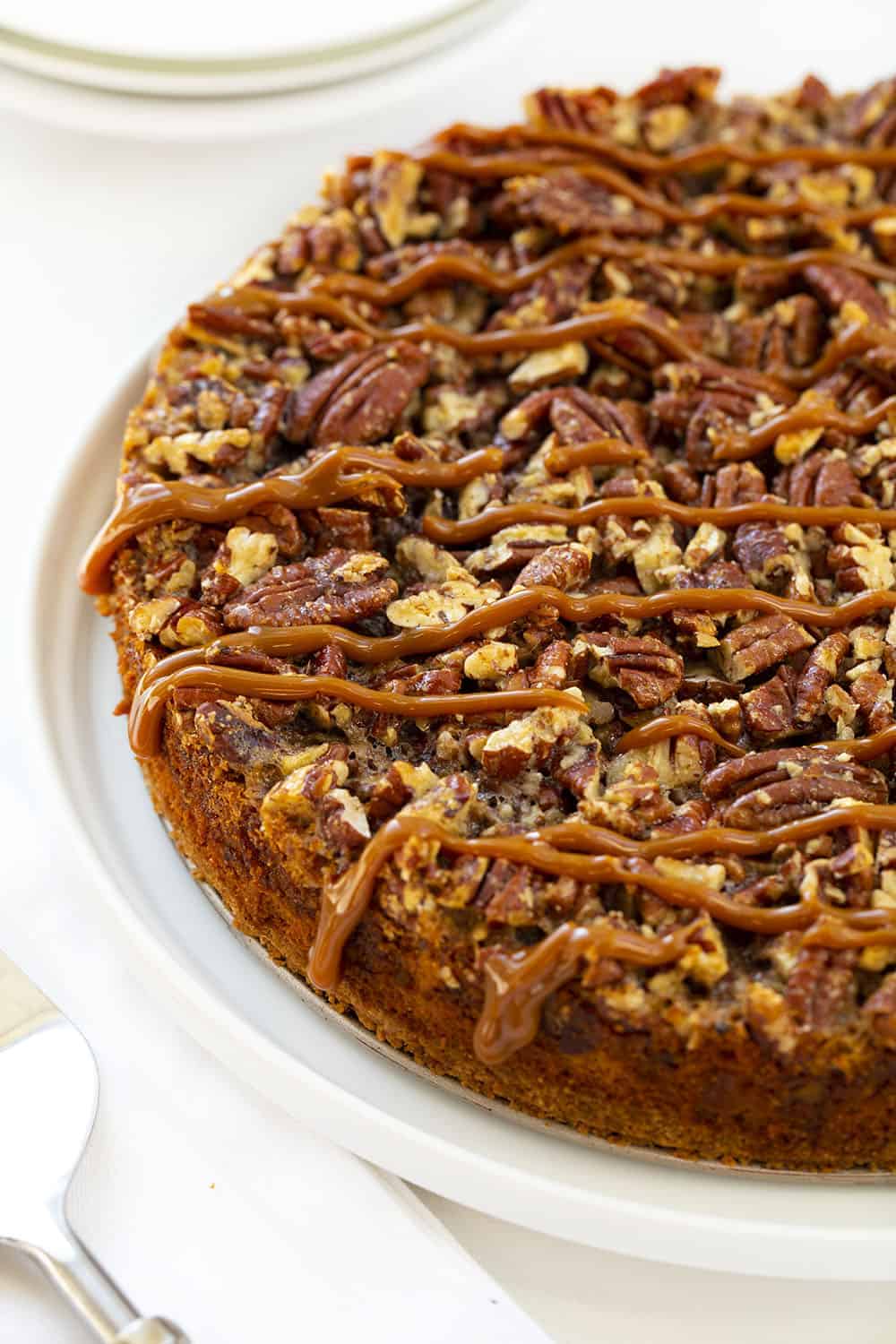 Dulce de Leche Pecan Pie is a dulce de leche cheesecake layered with toasted pecans and a pecan pie filling, all topped and baked with more pecans. Pie, Baking, Pecan Pie, Pecan Pie Cheesecake, Dulce de Leche Pecan Pie, Dulce de Leche Pie, Thanksgiving, Holiday Baking, Christmas, iambaker, i am baker, recipes 牛奶山核桃派下毛毛雨用牛奶