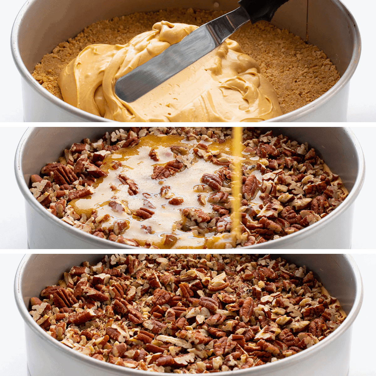 Dulce de Leche Pecan Pie is a dulce de leche cheesecake layered with toasted pecans and a pecan pie filling, all topped and baked with more pecans. Pie, Baking, Pecan Pie, Pecan Pie Cheesecake, Dulce de Leche Pecan Pie, Dulce de Leche Pie, Thanksgiving, Holiday Baking, Christmas, iambaker, i am baker, recipes 加入芝士蛋糕、酱和山核桃的牛奶山核桃派