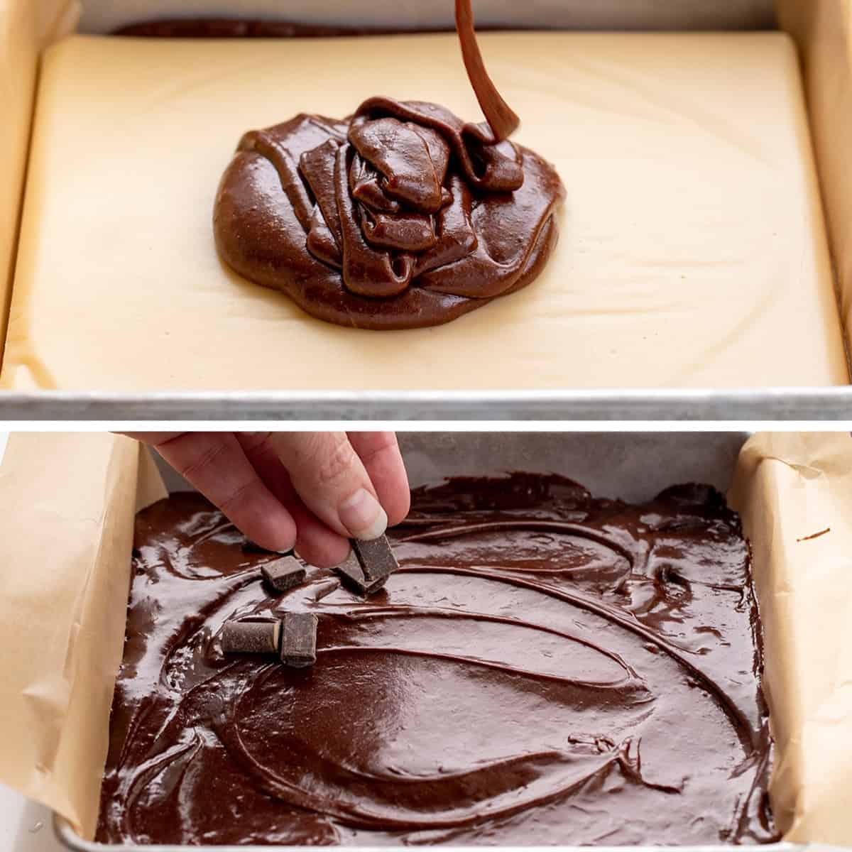 在焦糖层上加入布朗尼面糊，然后在上面加入巧克力块，24小时焦糖布朗尼