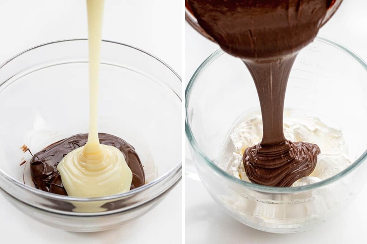 添加甜炼乳巧克力然后巧克力混合奶油巧克力冰淇淋。