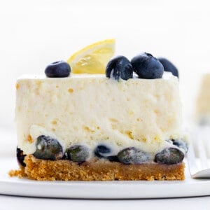 板和一块蓝莓冰箱蛋糕放在一个白盘子里。