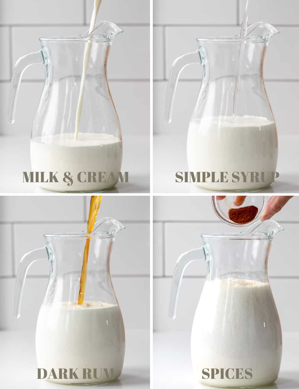 将牛奶、奶油、简单的糖浆、朗姆酒和香料添加到玻璃水罐中，自制朗姆酒。