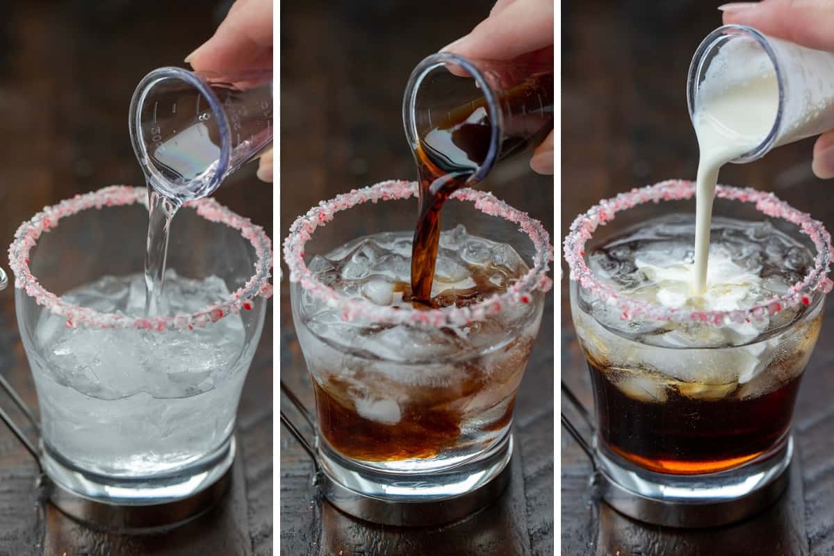 在玻璃杯中加入酒来制作薄荷白俄罗斯。