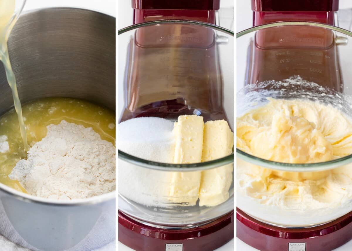 步骤使面粉混合物加热然后添加黄油和糖站混合,然后加入面粉混合物站混合柠檬貂糖霜。