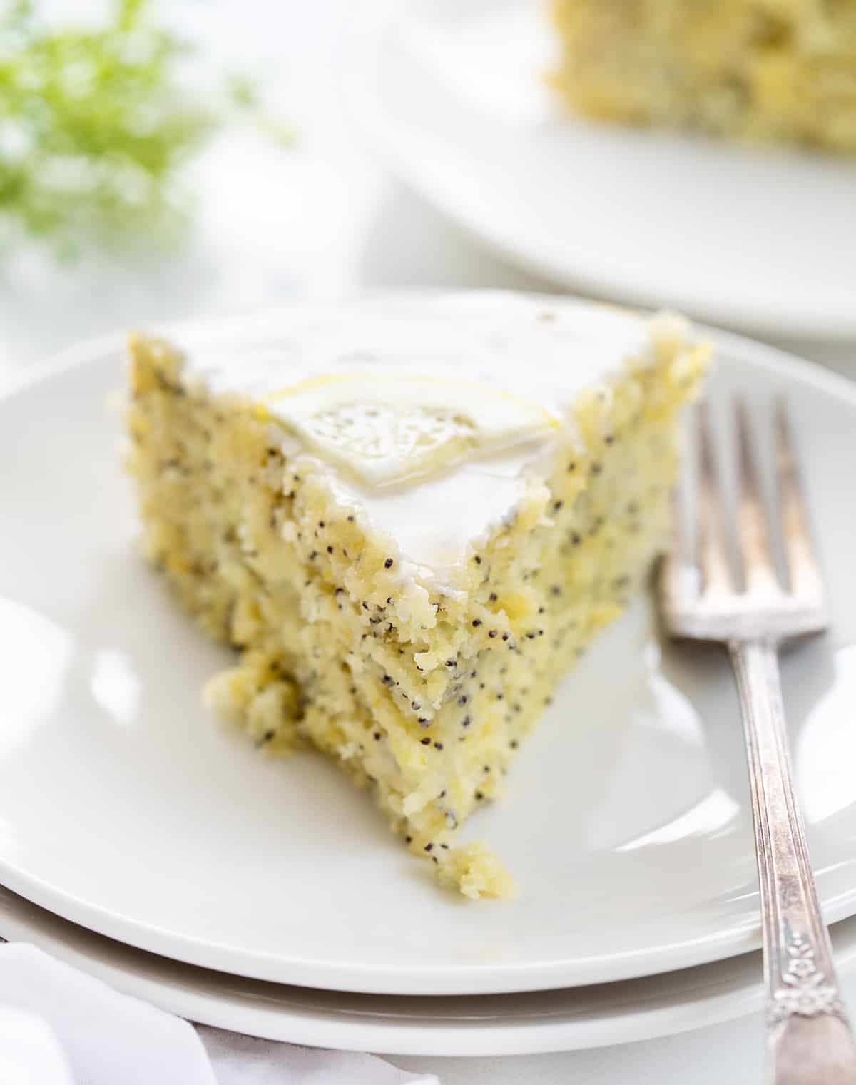 柠檬罂粟籽蛋糕在白色与绿色Babysbreath背景板。