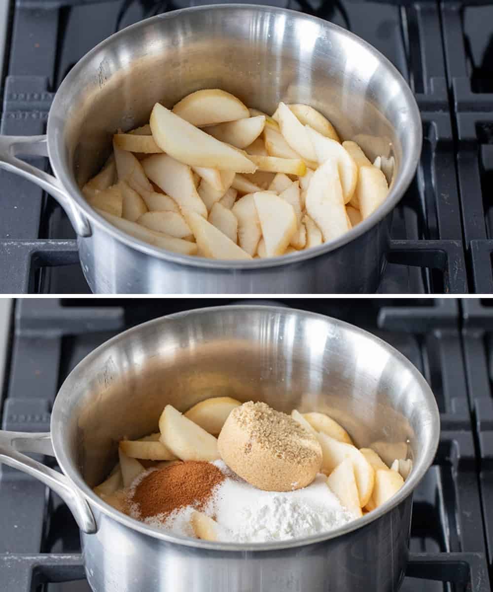 成分为梨馅在锅里热煤气炉。