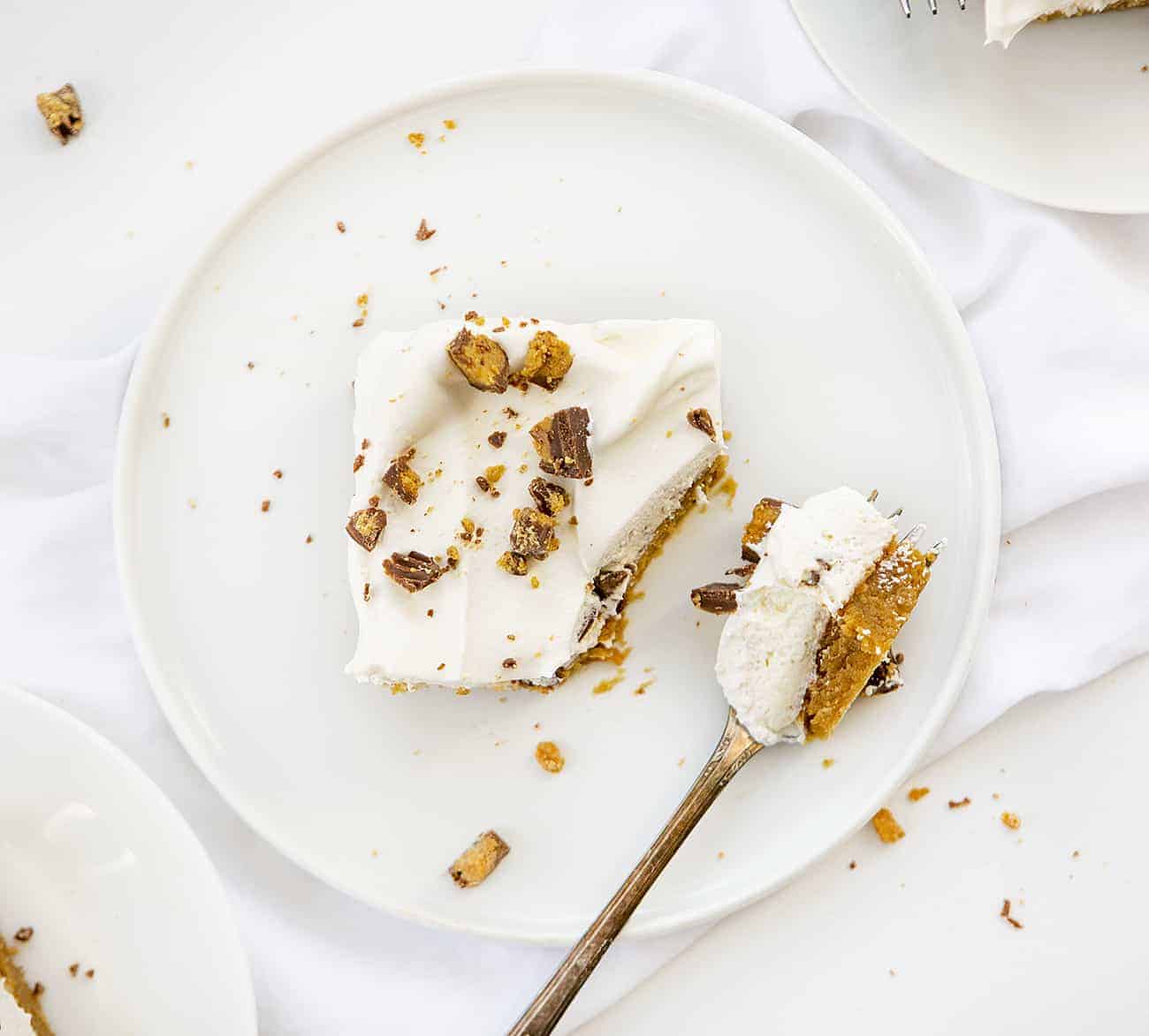 Overhead Image of Reeses Peanut Butter Bars with Piece on Fork