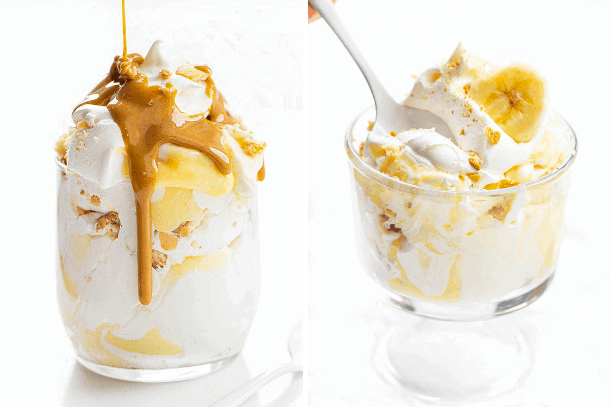 菜盘,与新鲜的香蕉香蕉布丁甜点和白毛巾和白色勺子。