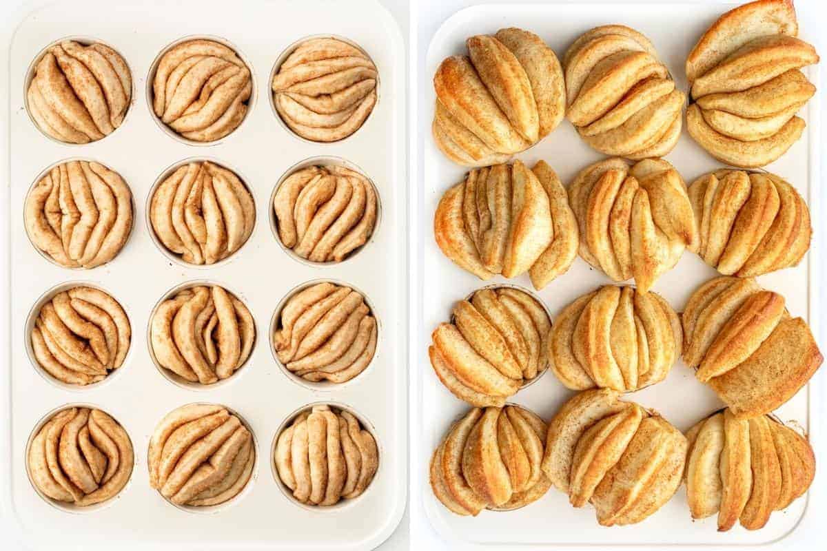 烤前和烤后的肉桂黄油卷