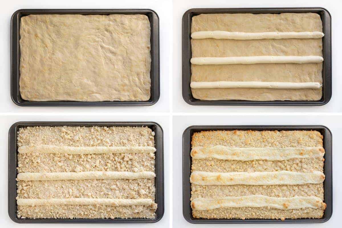 拼贴的步骤为面团，奶油奶酪，酥皮，和烘焙奶油奶酪甜面包早餐