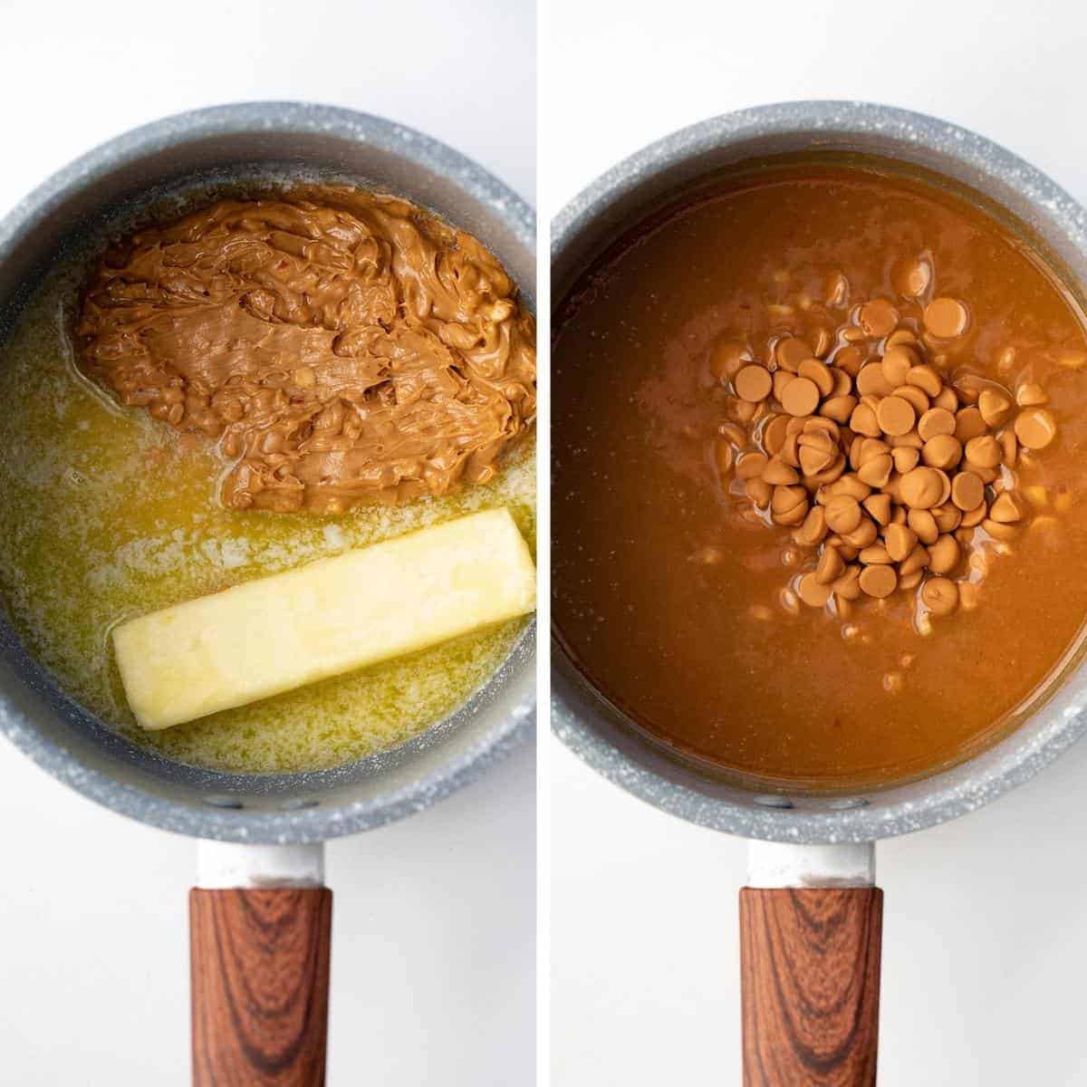 将食材融化并将食材加入平底锅的过程