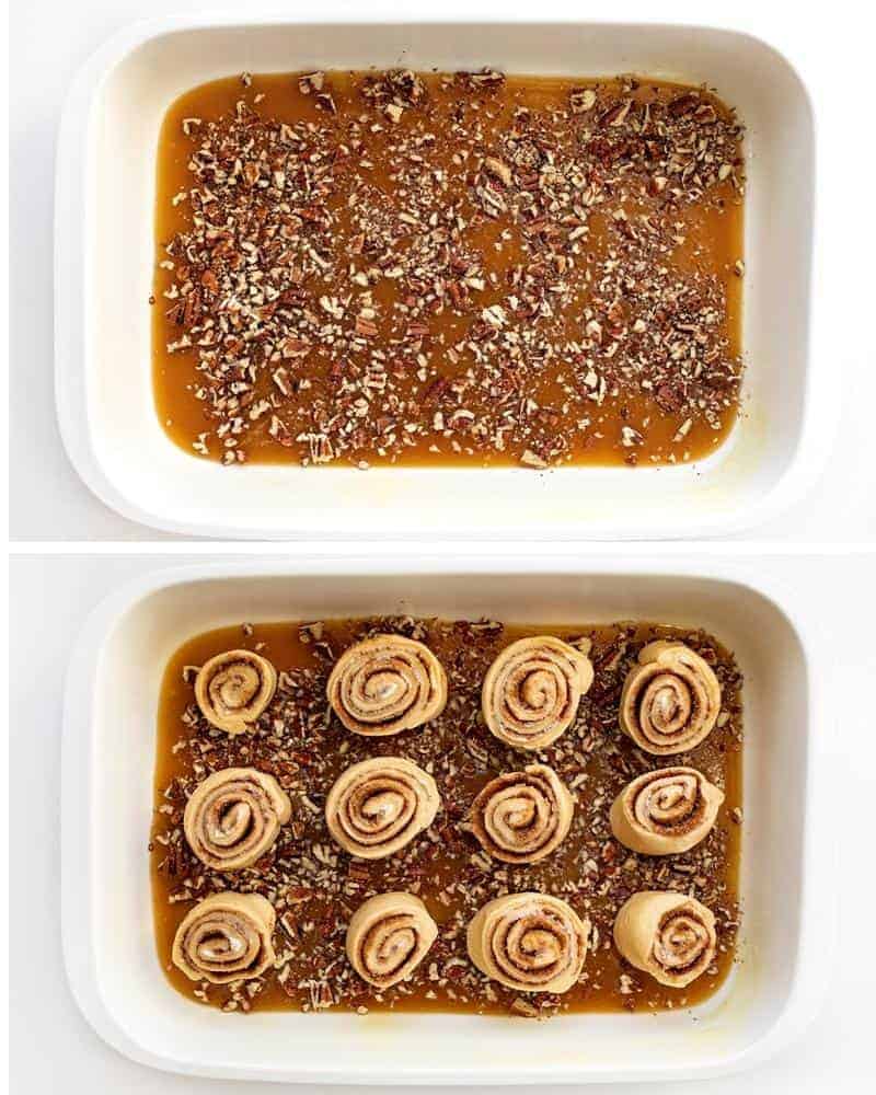 在砂锅中制作酱汁黏面包的步骤，然后将切好的面包卷放在上面