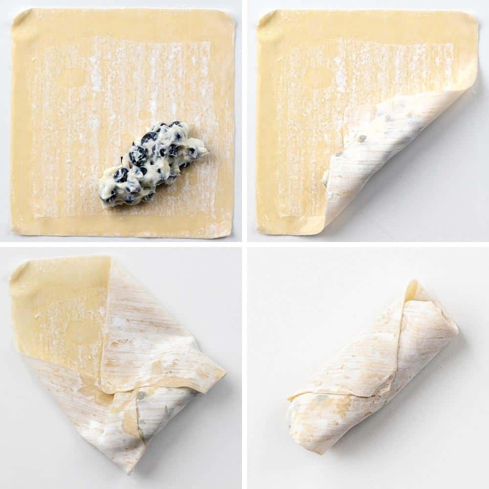 蓝莓芝士蛋卷上馄饨皮的折叠过程。甜点蛋卷，甜点，蛋卷，蛋卷食谱，蓝莓芝士蛋糕，芝士蛋糕，零食，甜点开胃菜，热甜点，蓝莓甜点，夏天甜点，如何做芝士蛋糕蛋卷，食谱，我是面包师，iambaker