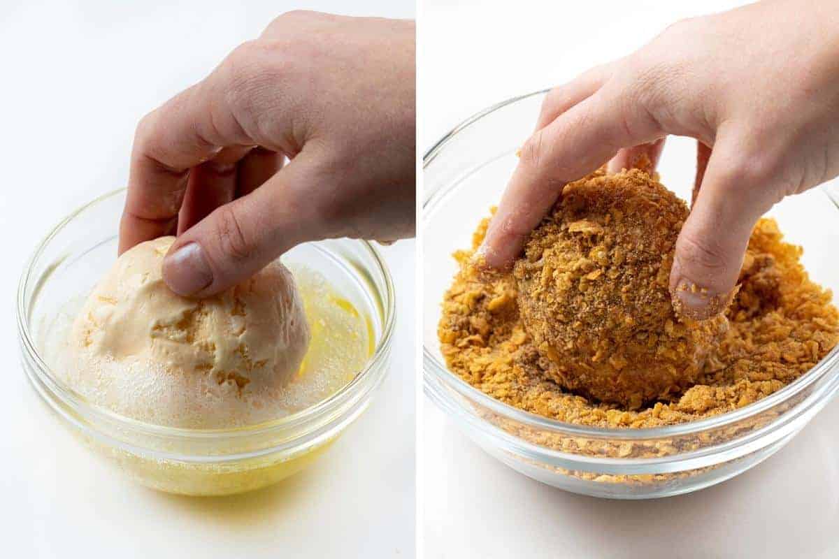 蛋液中加入冰淇淋，然后蘸上脆皮。