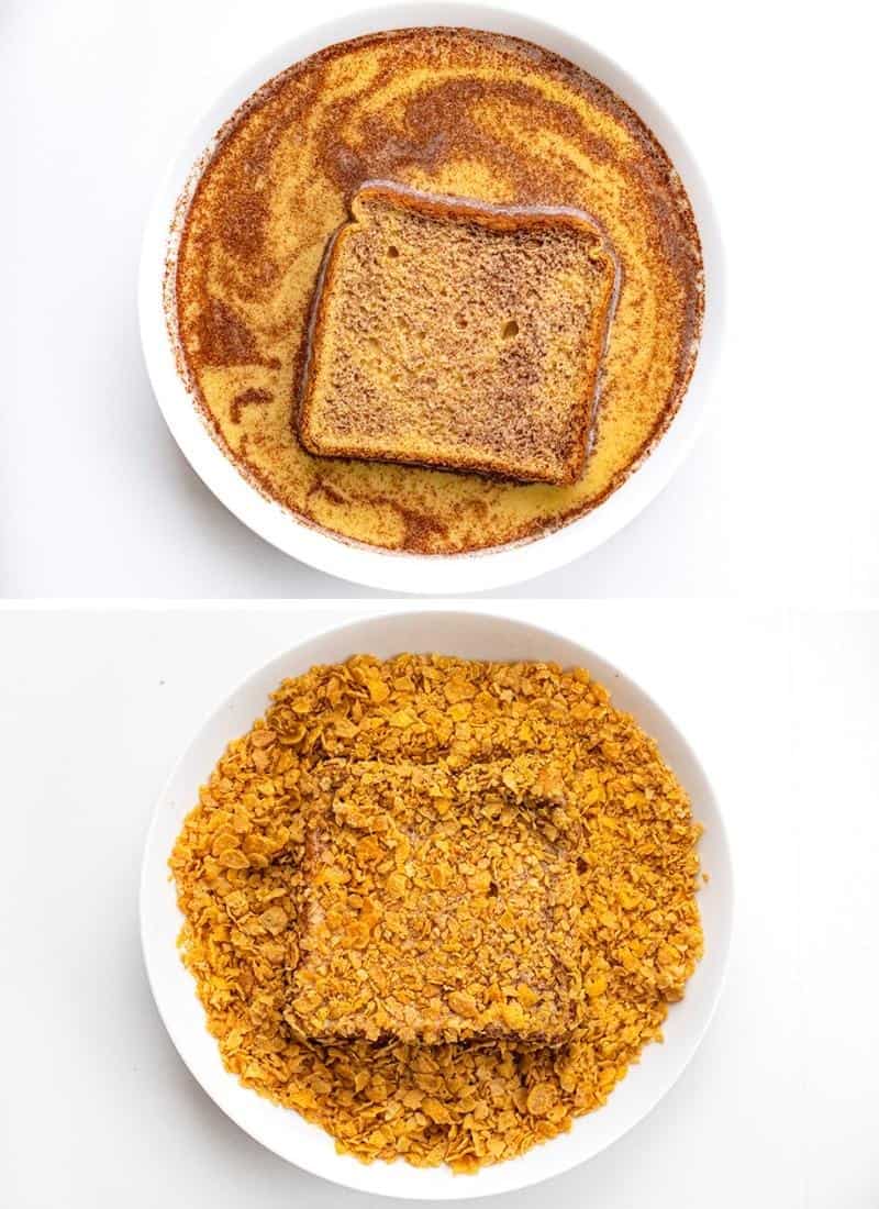 在肉桂蛋液中加入面包，然后蘸上碾碎的玉米片