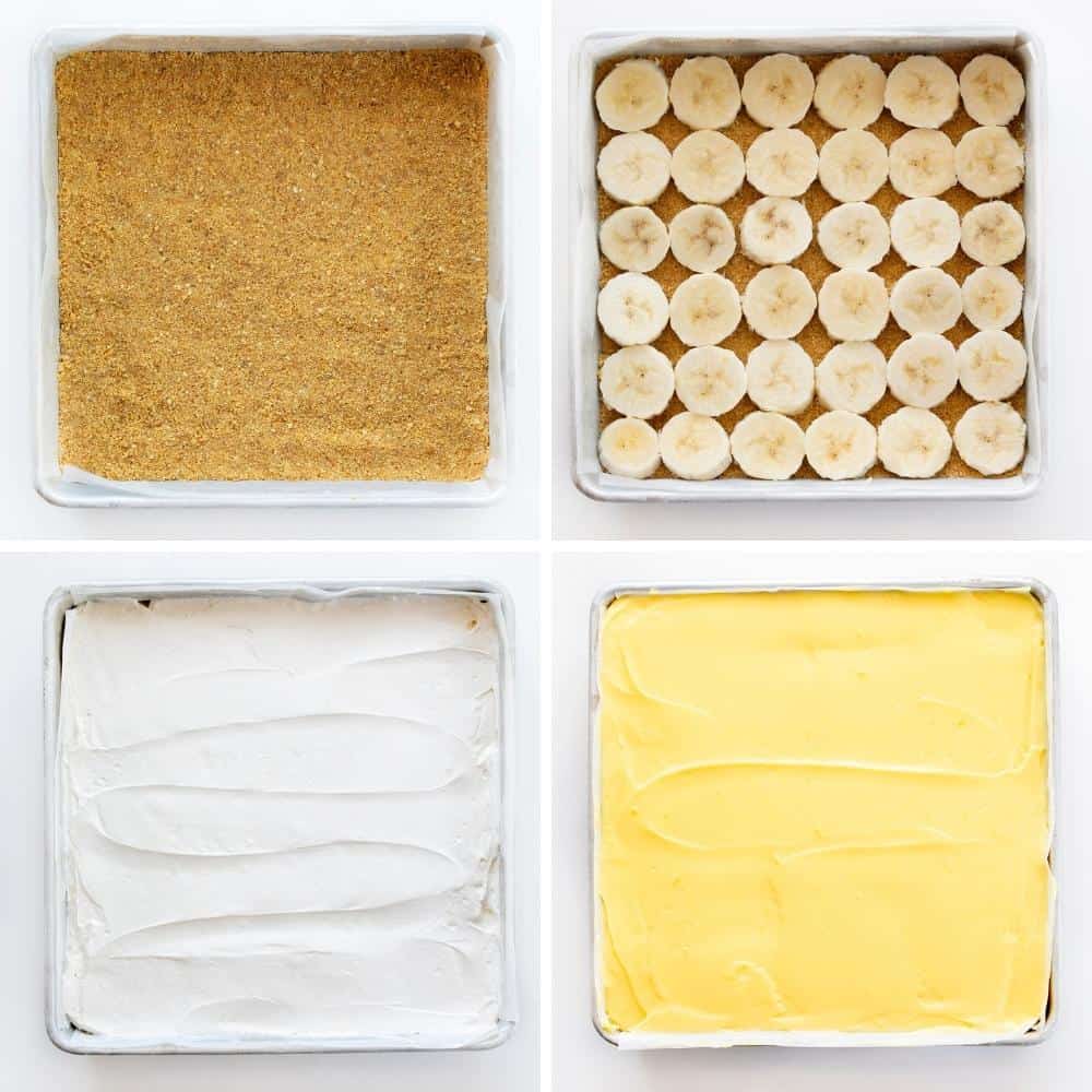 在一个8x8的平底锅里，先用皮、香蕉、打蜡的浇头和香蕉布丁开始制作香蕉。甜点，不烤甜点，不烤，香蕉甜点，夏季甜点，分层甜点，夏季食谱，烧烤食谱，香蕉布丁，丰盛的甜点，丰盛的食谱，全麦饼干，我是面包师，iambaker。