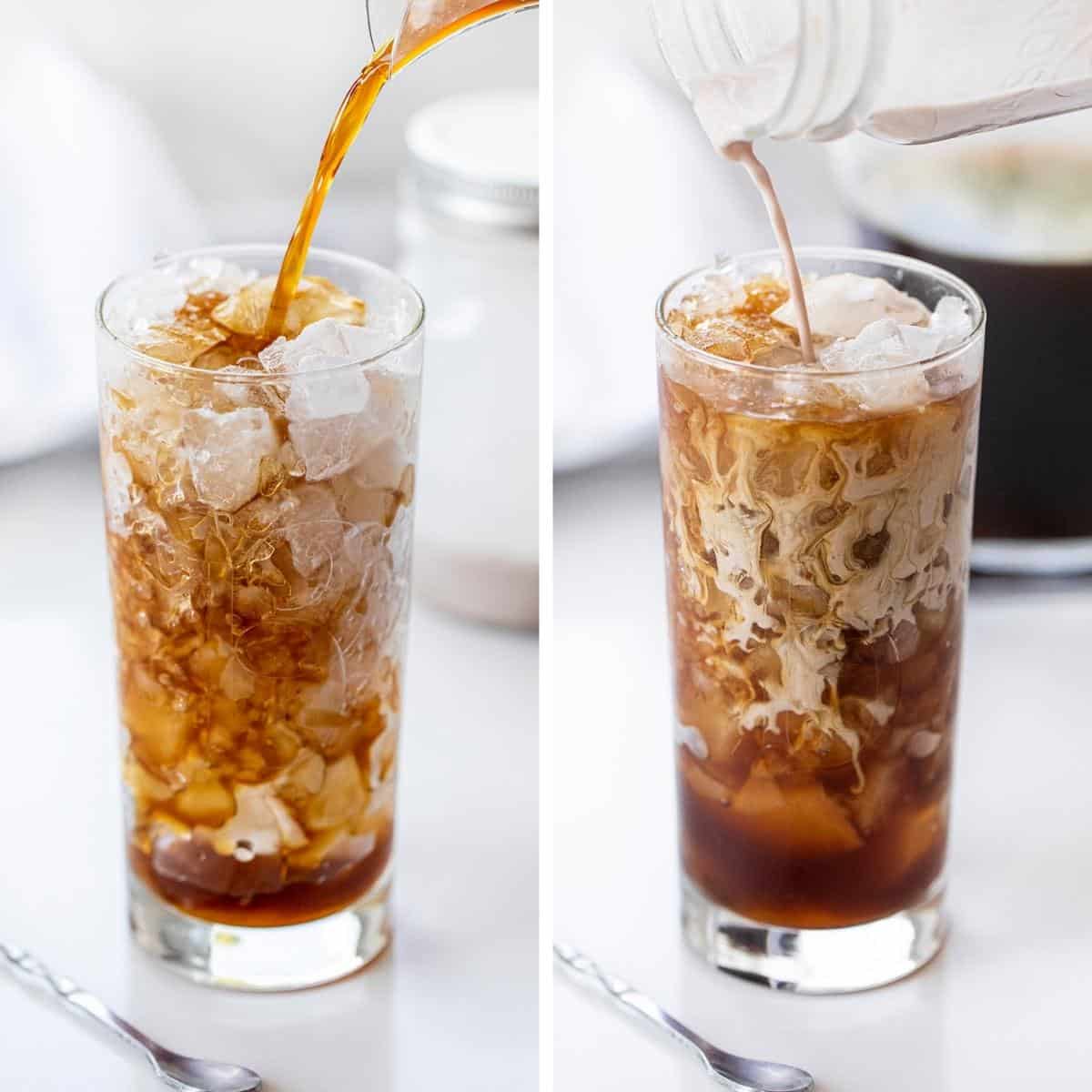 向装满冰块的杯子中加入冷萃咖啡，然后加入巧克力奶油混合物的步骤。冷萃，巧克力冷萃，巧克力奶油冷萃，如何制作冷萃，简单的冷萃，你如何提供冷萃，甜的冷萃，饮料，咖啡饮料，星巴克的山寨冷萃，iambaker，我是面包师。