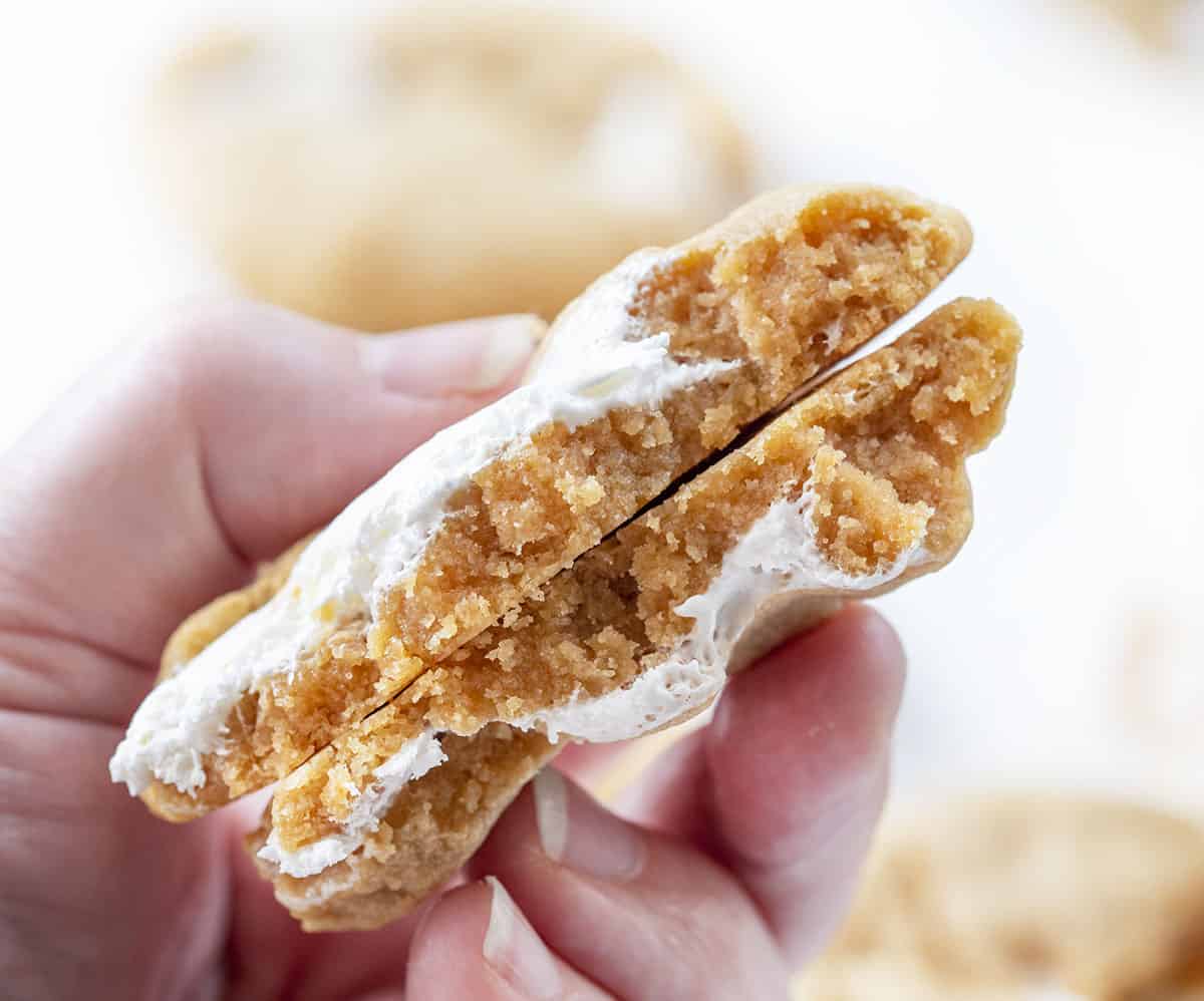 手握碎成两半的松软饼干，展示里面的纹理。采购产品烘焙，饼干，饼干食谱，花生酱饼干，花生酱棉花糖饼干，棉花糖蓬松，饼干交换，甜点，简单的饼干，我是面包师，iambaker