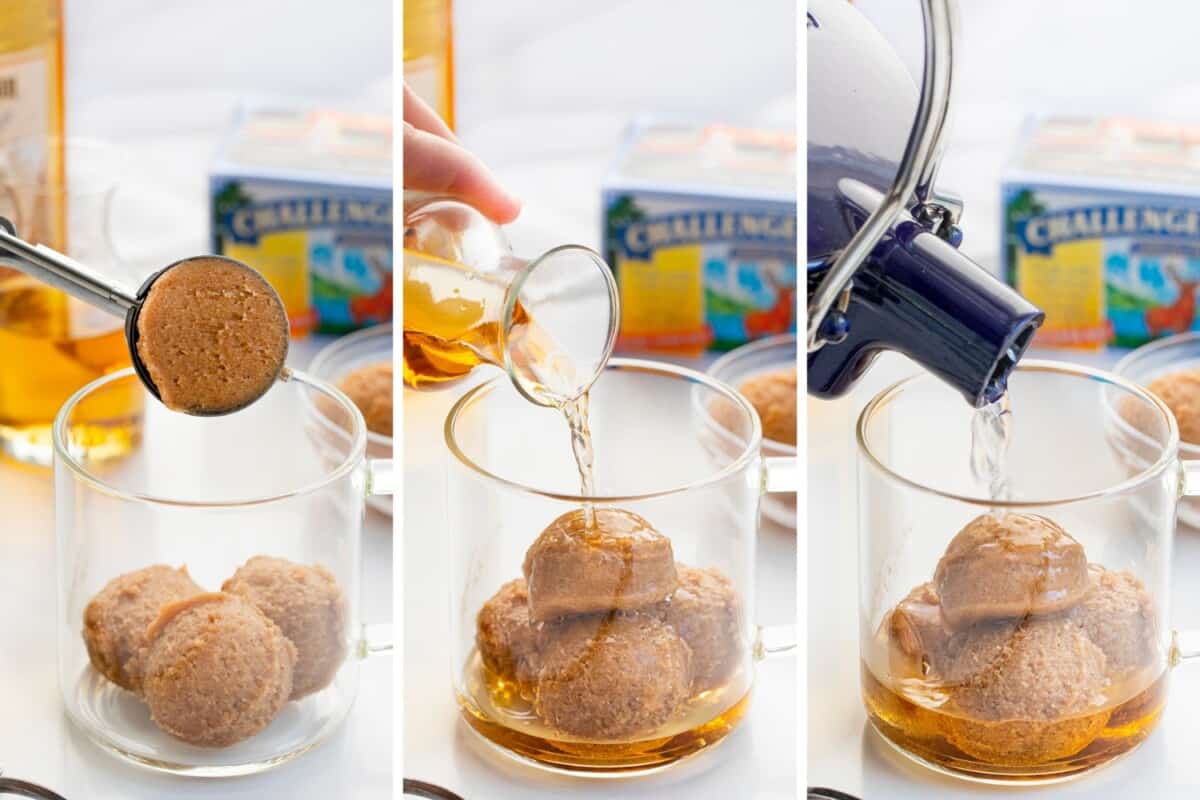 向玻璃杯中加入混合物、朗姆酒和热水，制作热黄油朗姆酒鸡尾酒的步骤。