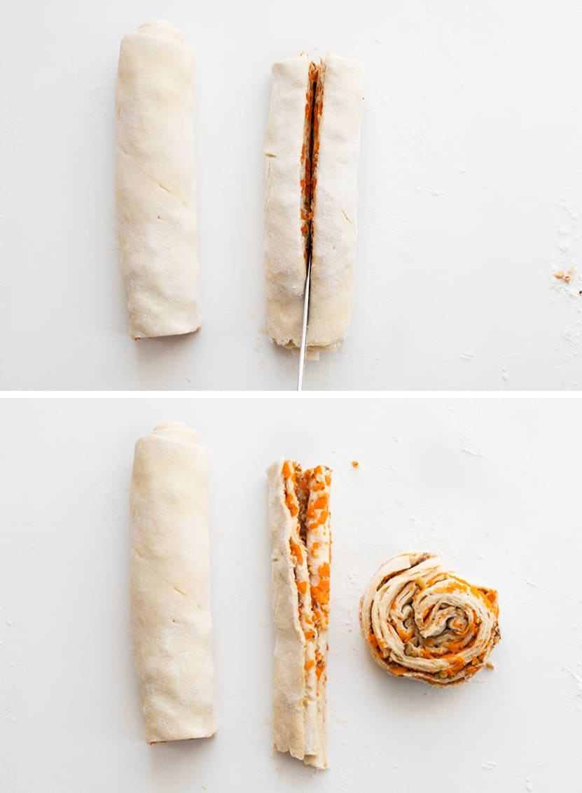 How to Cut a Dough Log and Shape Into Carrot Cake Cruffins.