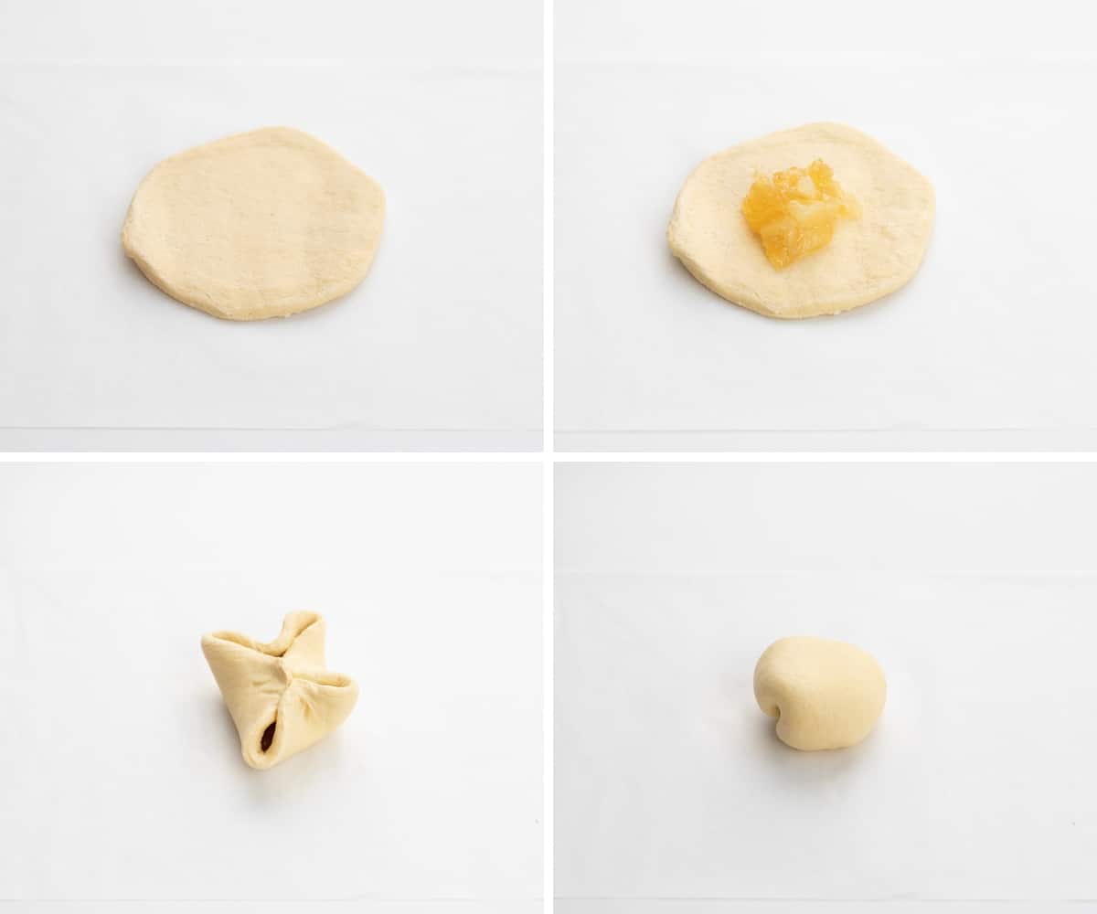 用面团和馅料制作Piña可乐炸弹的步骤。