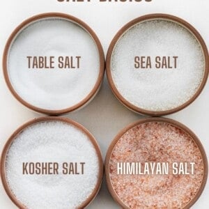 显示四个不同的盐,食盐,海盐,粗盐,喜马拉雅盐。gydF4y2Ba