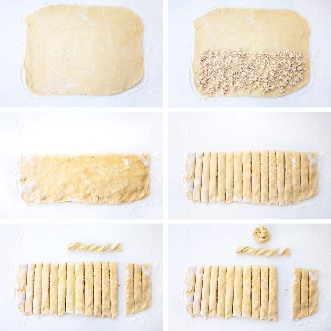 步骤使环凌糕点面团平,面团,面团折叠,面团切成条状,一个面团带删除和扭曲,一个扭曲的然后扭曲成轮。