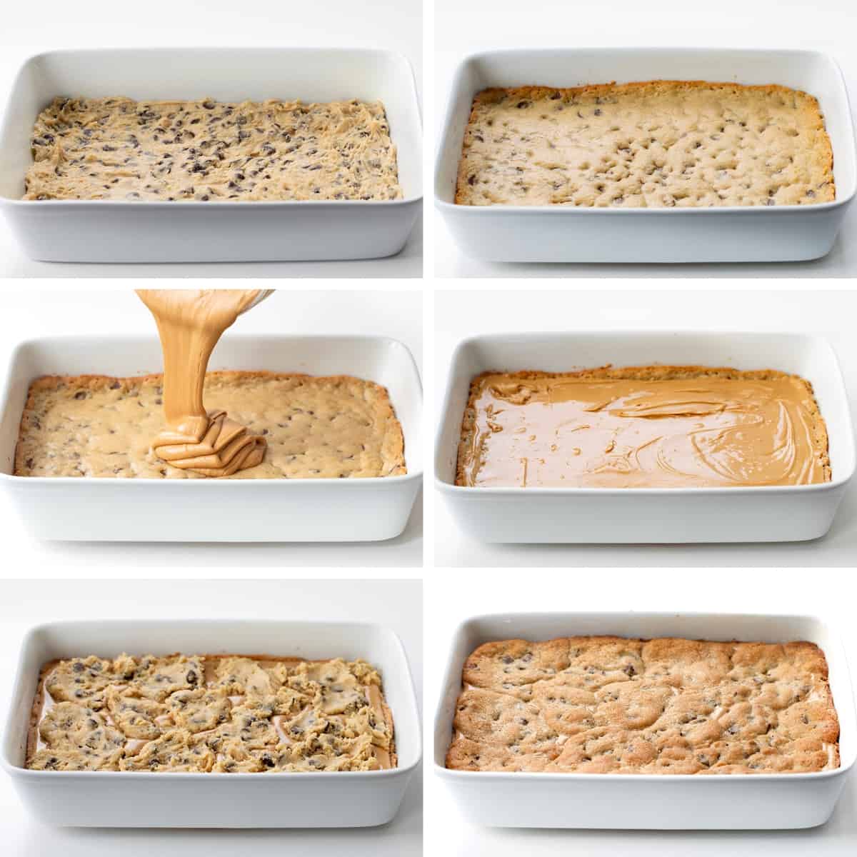 步骤组装花生酱巧克力曲奇酒吧在一个白色的平底锅。